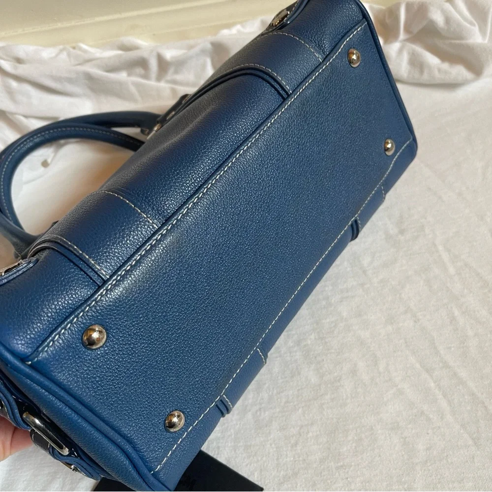 MCM Navy Blue Leather Boston Handbag Small Silver Hardware COA - Picture 5 of 11